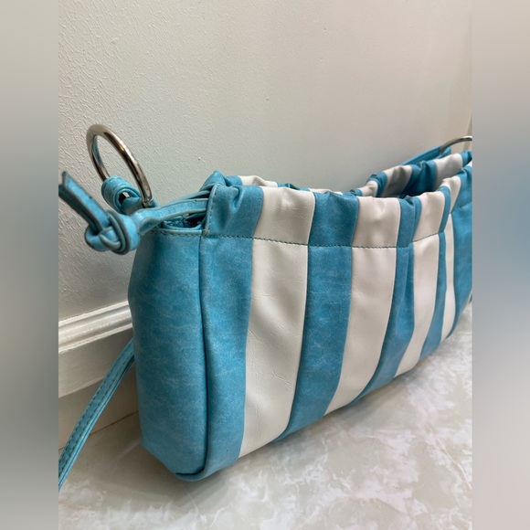 OKPTA Striped Turquoise and White Women's Bag cinches GUC rare and vintage style - Picture 10 of 13